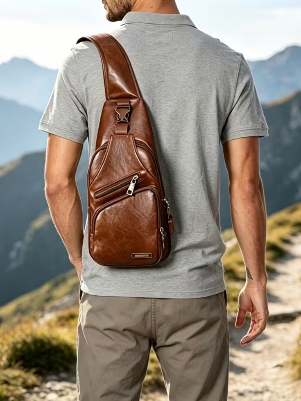 PU Coffee Colored Leather Crossbody Sling Bag/Backpack with USB Headphone Jack